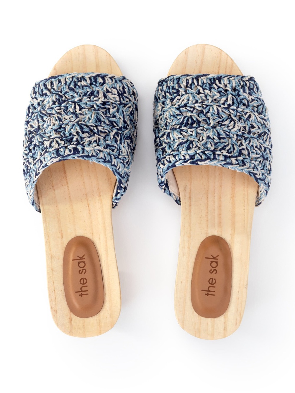 The Sak Ella Blue and Cream Braided Crochet Slide Mules